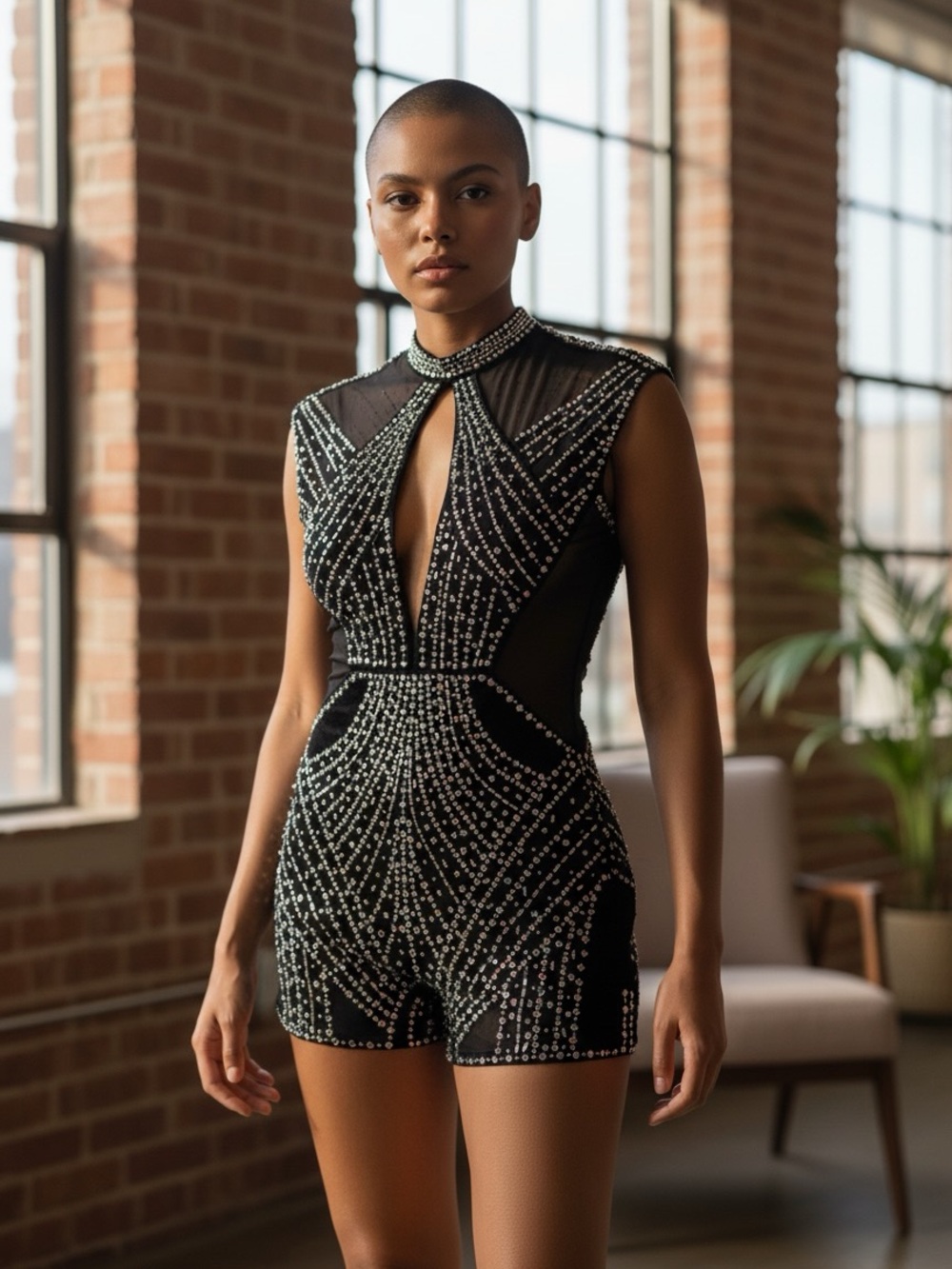 Black Heavily Embellished Beaded Romper size Small